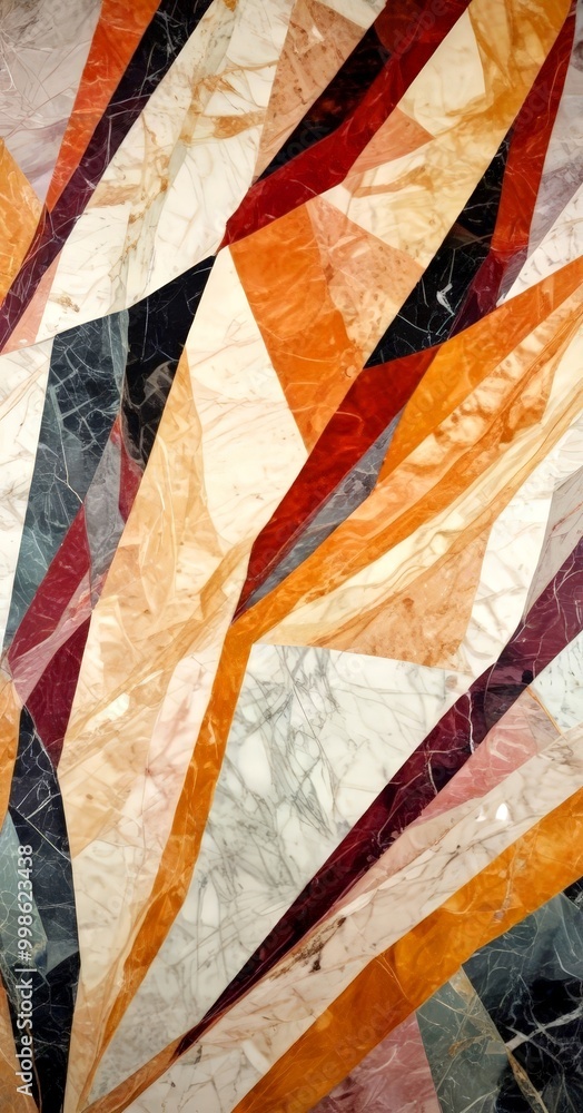Poster a close-up view marble surface with a vibrant abstract pattern composed of intersecting diagonal lines in various shades of orange, brown, and black