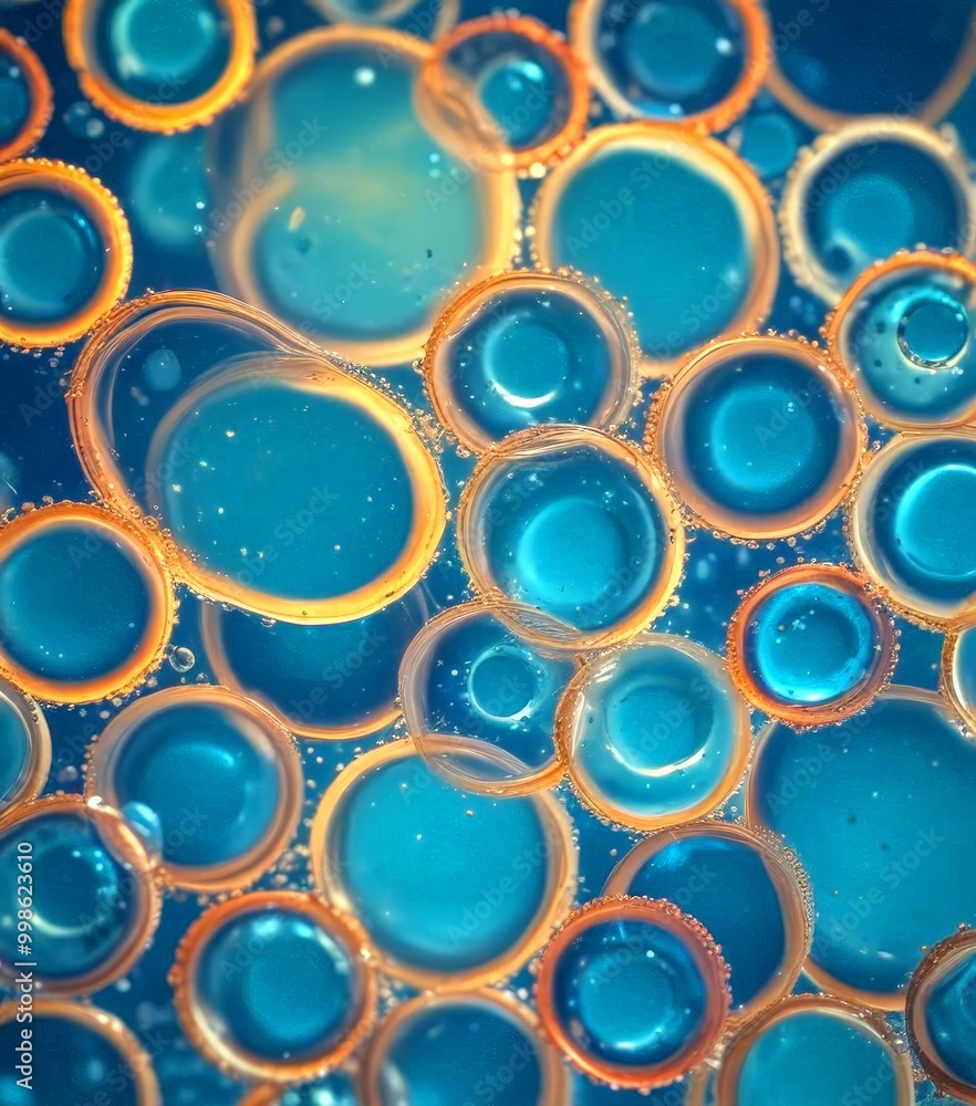 Aufkleber a close-up view of oil droplets suspended in a dark blue liquid, creating a captivating pattern of overlapping and intermingling circles