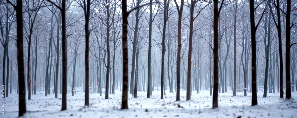 Poster a snowy forest scene with bare trees and scattered leaves, captured in a blurred, dreamy effect