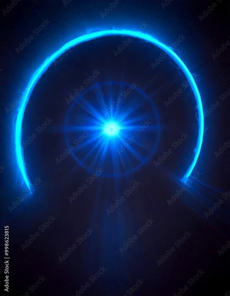 Poster a circular blue light emanating from the center, surrounded by a dark background The light appears to be radiating outwards, creating a sense of depth and dimensionality