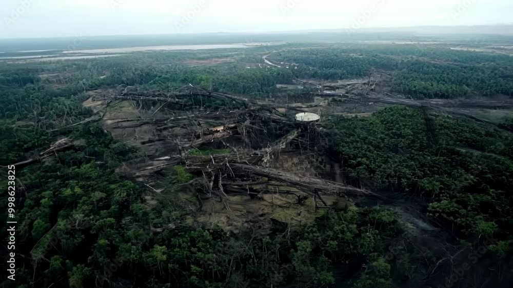 Poster aerial view of deforestation showing many fallen trees in the amazon rainforest, highlighting the de