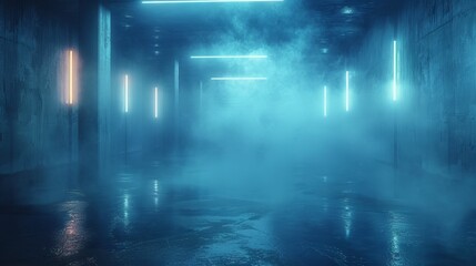 A dark, damp, and smoky tunnel with neon lights