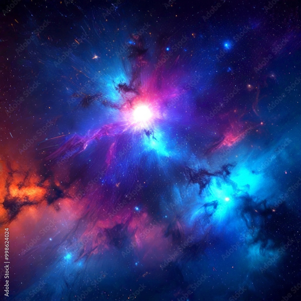 Poster a vibrant cosmic scene, featuring a swirling nebula with a bright central core surrounded by a multi