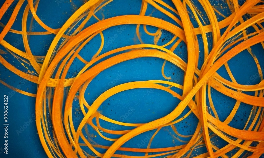 Fototapete a complex arrangement of overlapping orange and yellow lines against a blue background, creating a v