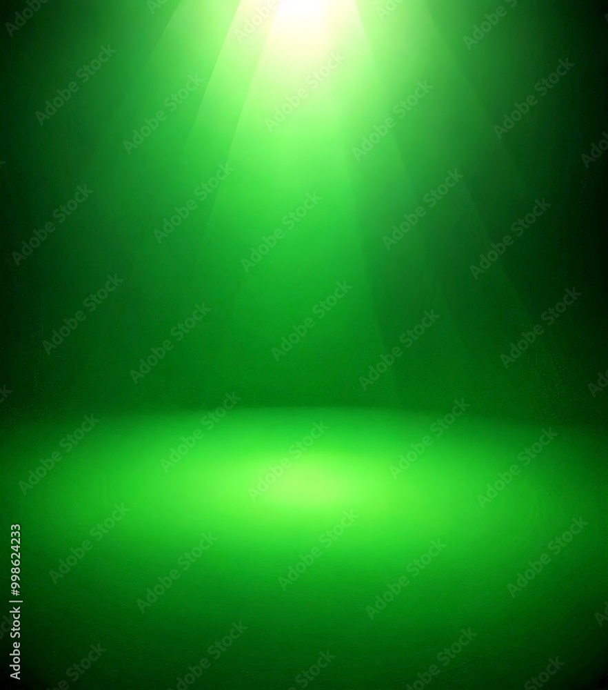 Poster a green-tinted spotlight shines down on a dark green stage, casting a dramatic glow and highlighting