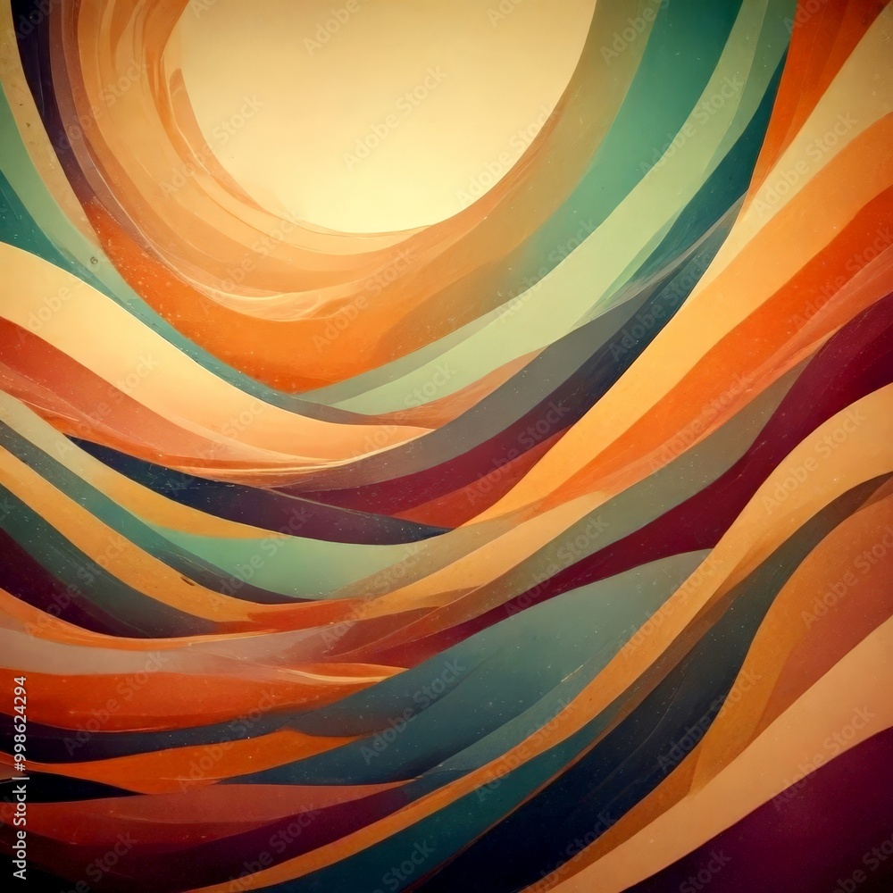 Poster a vibrant abstract composition of overlapping curved lines in various shades of orange, green, blue, and purple, creating a dynamic and visually striking pattern