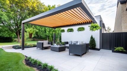 Fototapeta premium Modern Outdoor Patio with Stylish Pergola Design