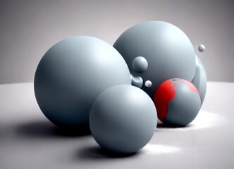 a collection of gray spheres, some with a red outline, arranged on a gray surface with small white bubbles floating around them
