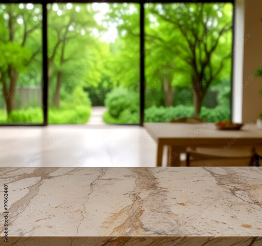 Poster a marble countertop in the foreground is set against a blurred view lush garden through large window