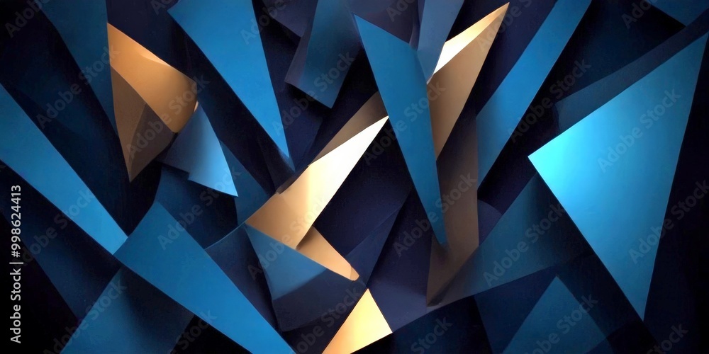 Fototapete a complex arrangement of overlapping triangular shapes in varying shades of blue and gold, creating a visually striking abstract composition