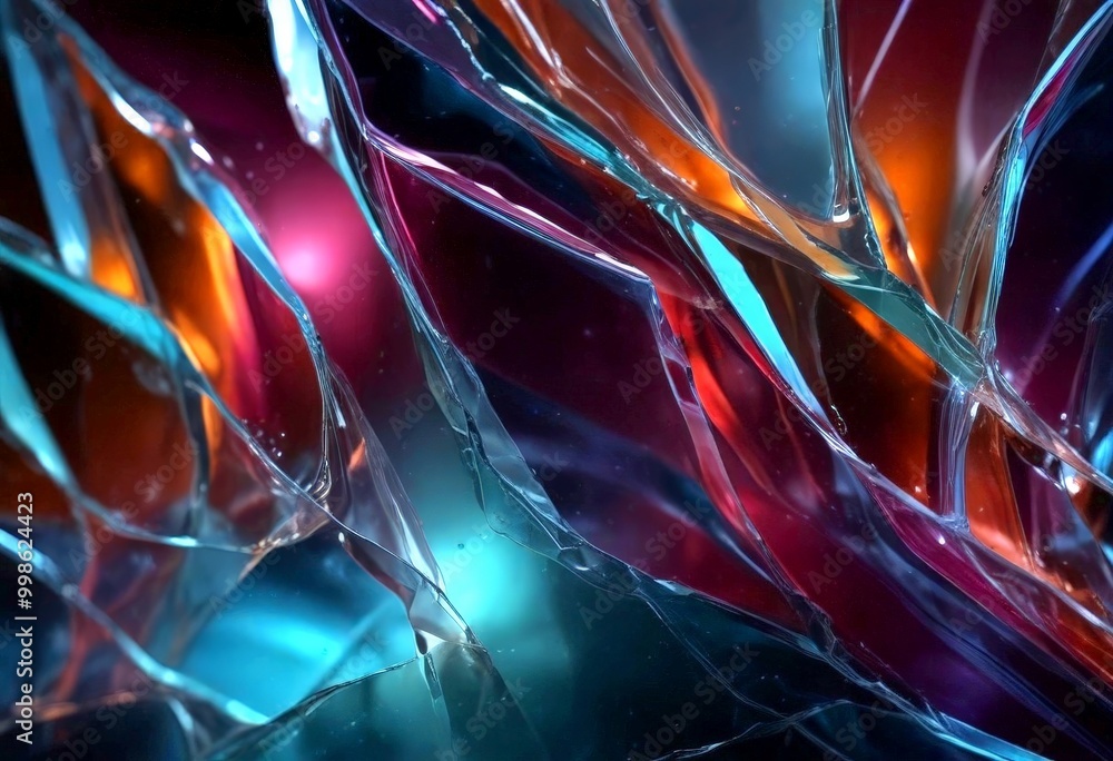 Poster a digital art piece featuring a complex interplay of light and shadow, with a gradient of colors transitioning from deep purple to vibrant orange, and a subtle
