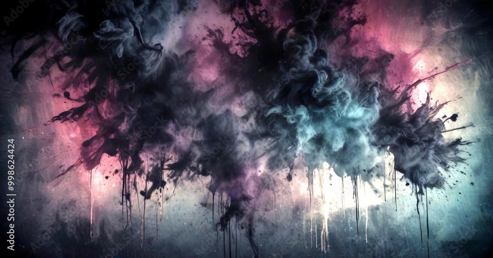Poster a dark, moody scene with a central explosion of black smoke and a gradient of pink and purple hues in the background