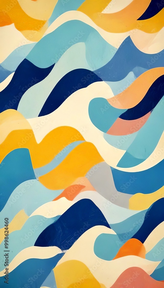 Poster a vibrant abstract pattern composed of overlapping curved lines in various shades of blue, yellow, and orange, creating a dynamic and visually striking composition