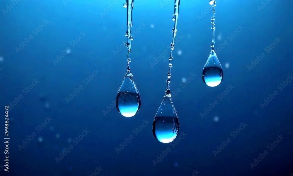 Aufkleber three water droplets of varying sizes hang from a thin, transparent string against a dark blue backg