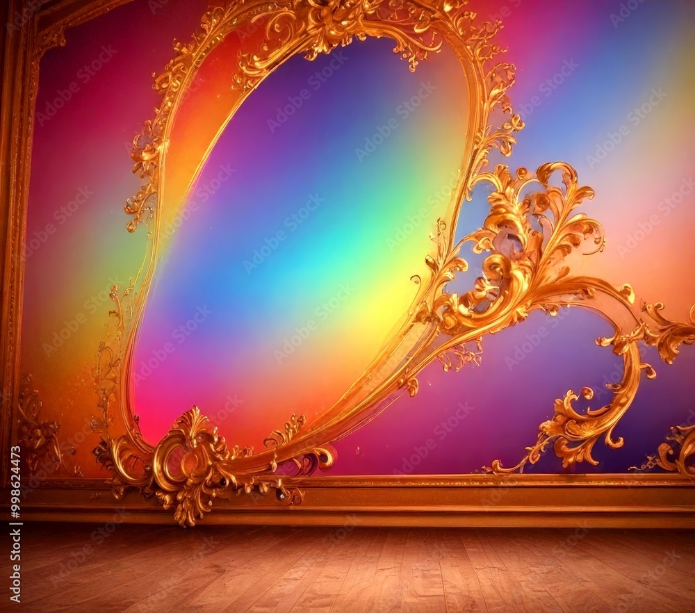 Poster a vibrant, ornate gold frame with a gradient background, creating a visually striking and ic composi