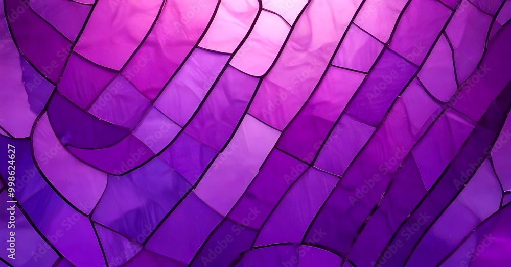 Fototapete a close-up view stained glass window, with a vibrant purple color palette The window is composed of numerous small, rectangular panels, each filled with a different shade