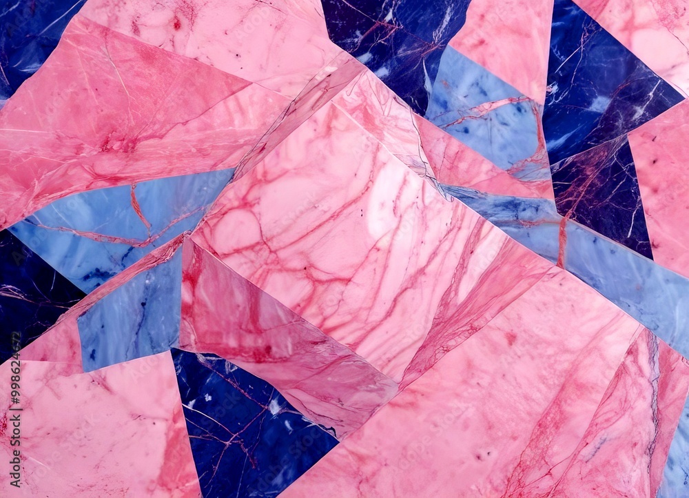 Poster a close-up view marble surface with a geometric pattern of pink and blue marble pieces arranged in a triangular formation