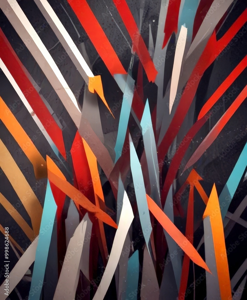 Poster a vibrant abstract composition of intersecting lines and shapes in various colors, including red, or