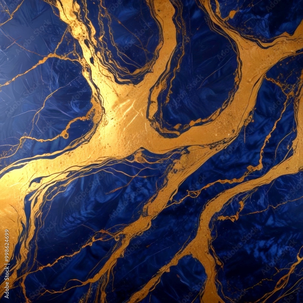 Poster a close-up view marble surface with a striking pattern of gold and blue swirls and lines