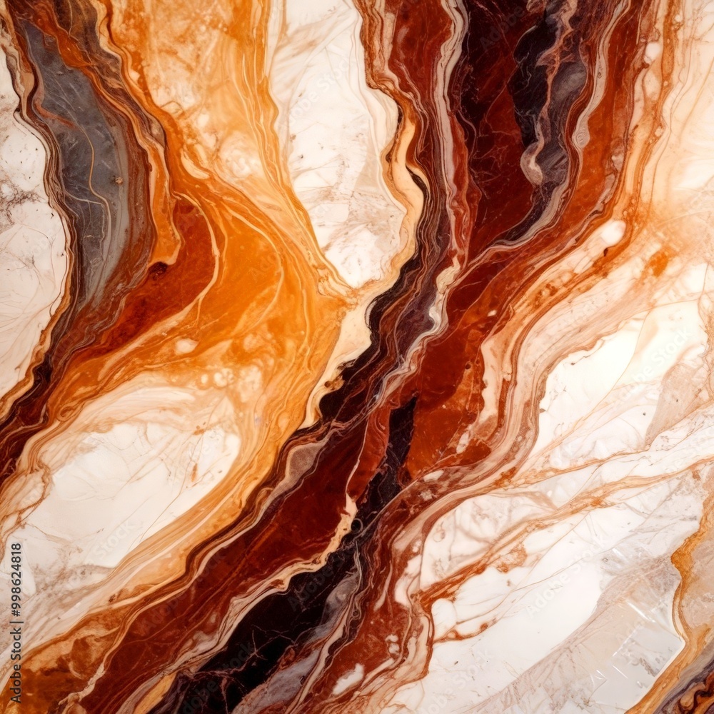 Poster a close-up view marble surface with a swirling pattern of brown, orange, and white hues, creating a 