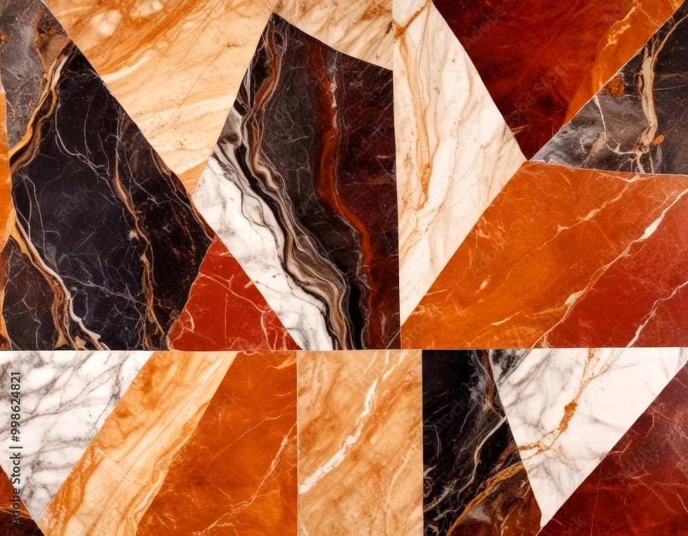 Poster a close-up view mosaic-like pattern composed of various shades of brown, black, and white marble til