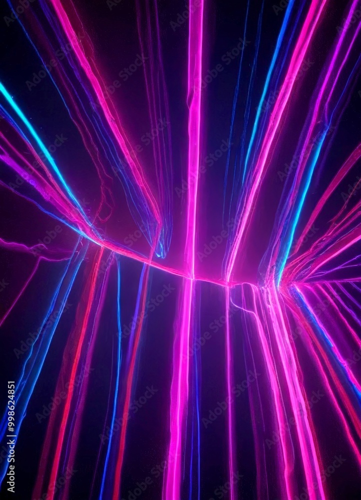 Poster a vibrant display of neon lights, with a diagonal pattern of red, blue, and purple lines radiating o