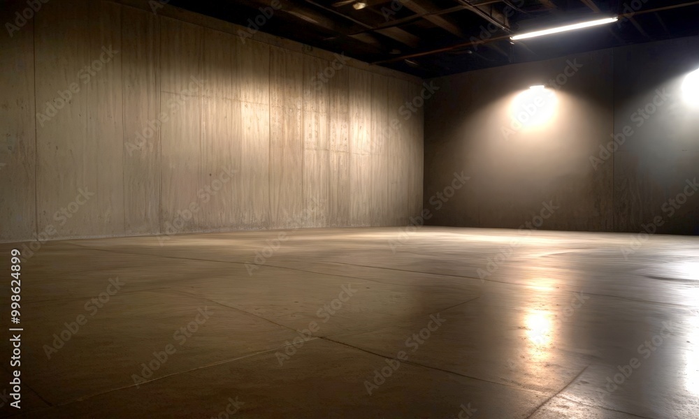 Poster a dimly lit, empty room with concrete walls and a concrete floor, illuminated by a single light fixt