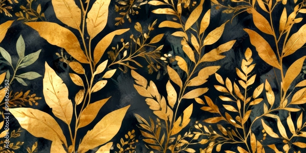 Poster a repeating pattern of golden leaves and branches against a dark background, creating a striking con