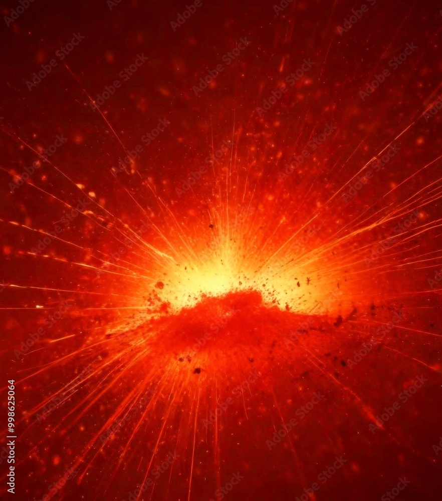 Poster a fiery explosion with radiating lines and a bright, intense light at its center, set against a dark