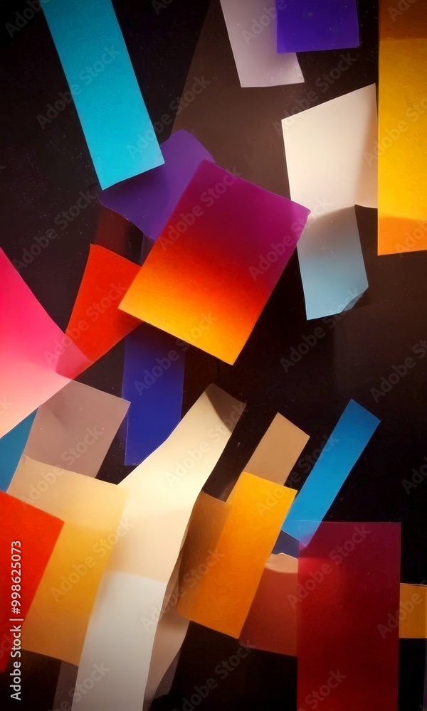 Poster a vibrant abstract composition of overlapping paper shapes in various colors, including blue, orange