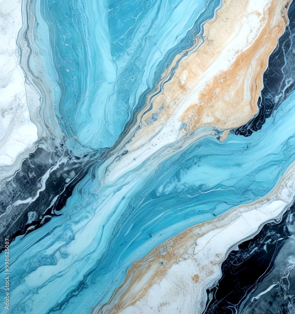 Poster a close-up view marble surface with a swirling pattern of blue, white, and beige colors
