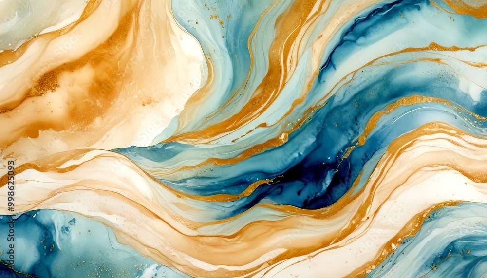 Fototapete a striking abstract pattern of swirling, fluid lines in shades of blue, white, and gold, creating a 