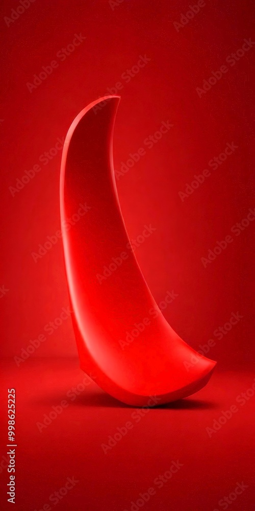 Poster a red, abstract sculpture resembling a crescent moon or half-moon shape, with a smooth, curved surfa