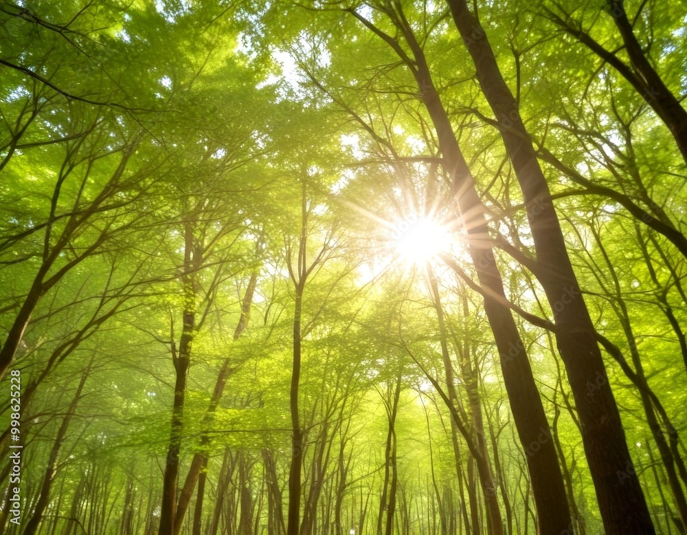 Poster Sunlight filters through the lush green leaves dense forest, creating a serene and tranquil atmosphere
