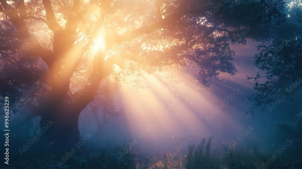 Wall mural mystical forest scene with ethereal light beams piercing through mist illuminating ancient trees at 