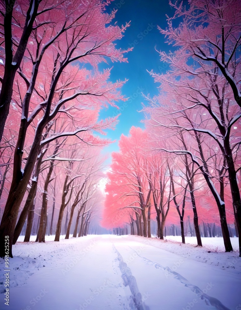 Poster A serene winter scene unfolds as a snow-covered path meanders through a grove of trees, their branches heavy with snow and displaying a breathtaking palette of pink and white