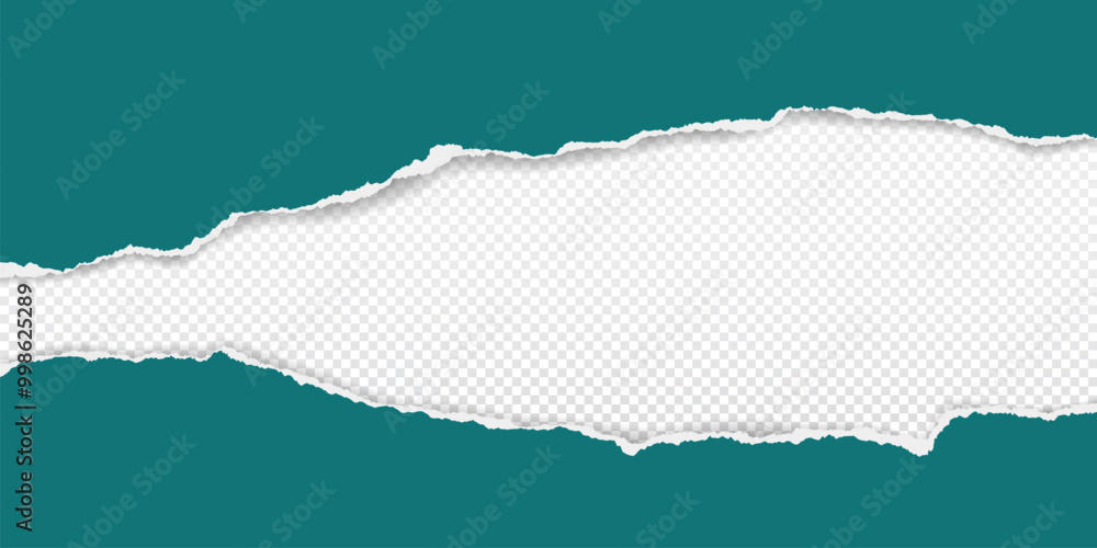 Poster green paper strips with torn edges and soft shadow are on white transparent background for text or a
