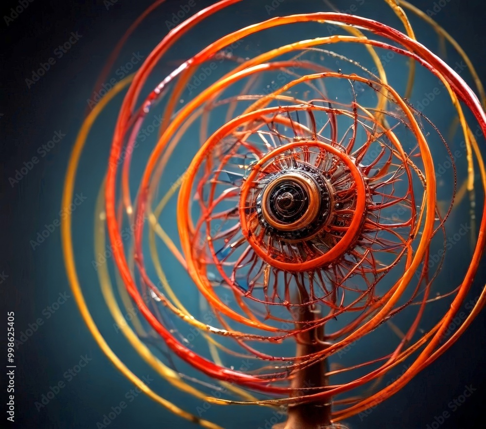 Poster a close-up view metal sculpture with a circular design, featuring a central black and orange element