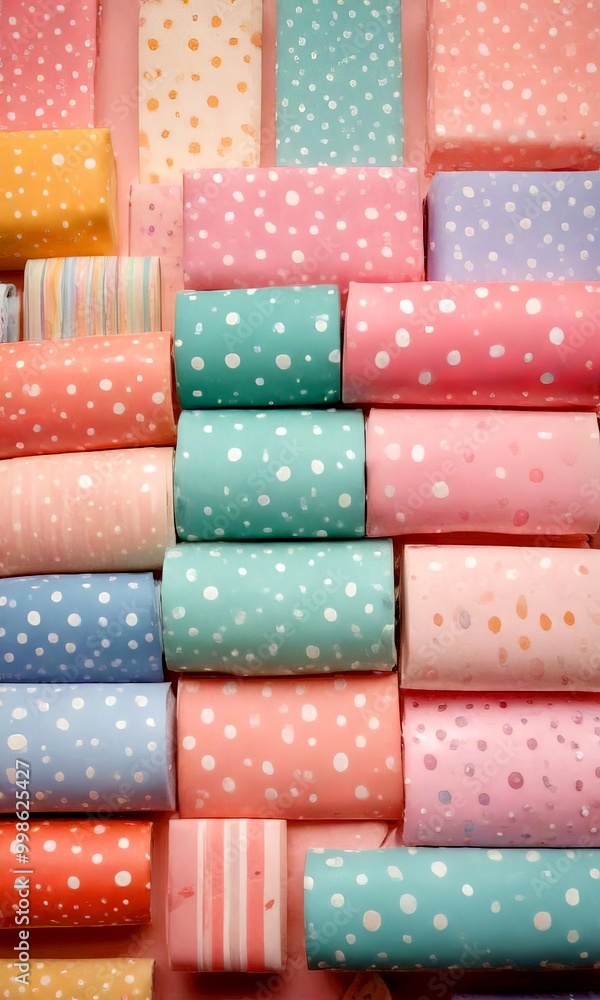 Poster a collection of pastel-colored rolls with white polka dots arranged in a grid-like pattern against a
