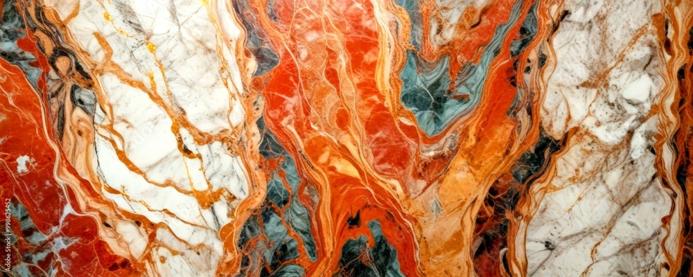Poster a close-up view marble surface with a striking pattern of swirling colors and textures, including shades of orange, white, and blue