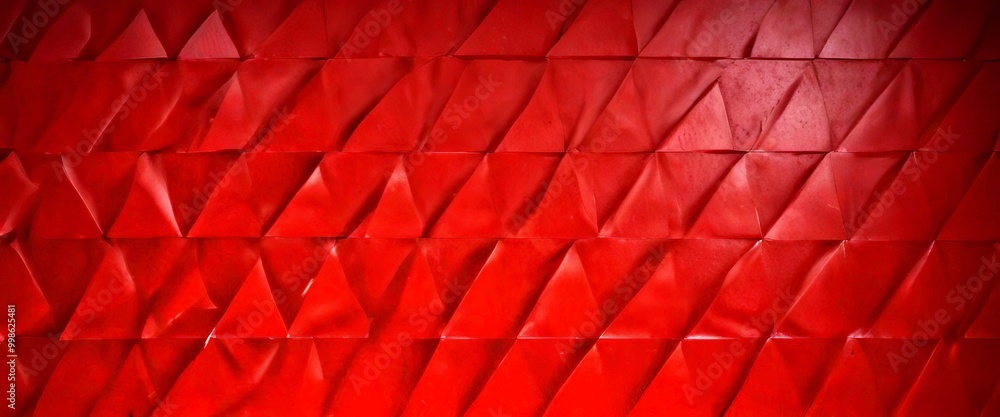 Poster A close-up view red, crumpled paper surface, with a repeating pattern of triangular shapes
