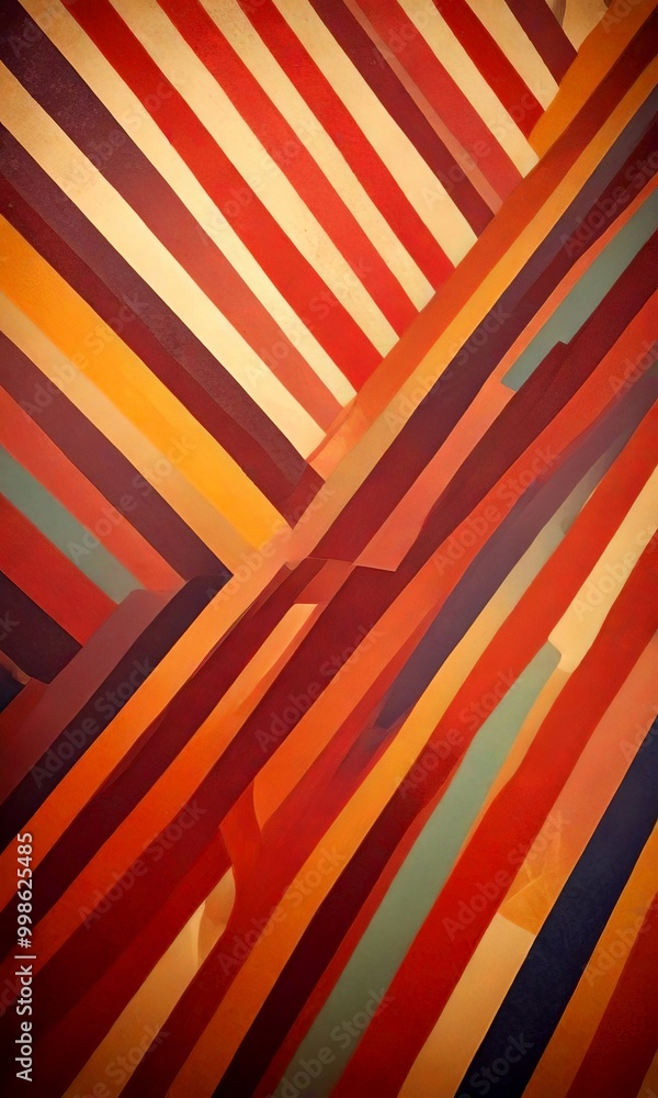 Poster a vibrant abstract composition of intersecting diagonal lines in various shades of red, orange, yellow, green, and blue, creating a dynamic and visually striking pattern