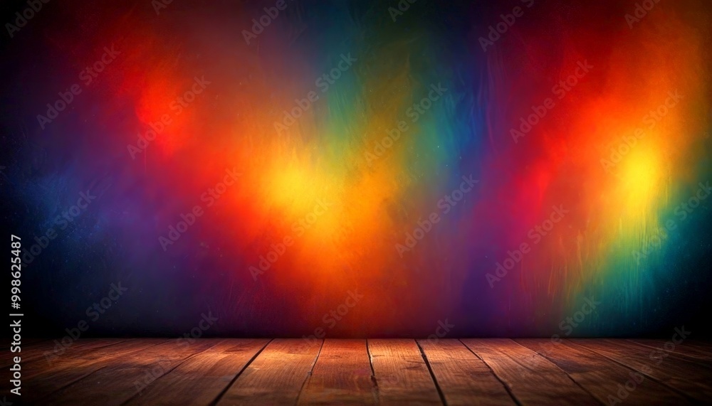 Poster a vibrant, multicolored abstract background with a wooden floor in the foreground