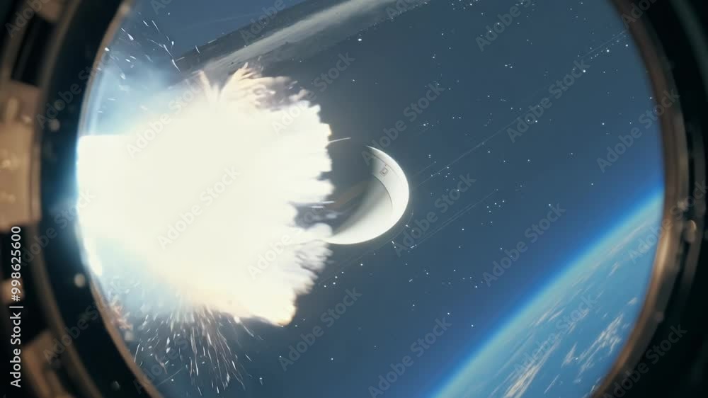 Poster Futuristic spaceship approaches a space station orbiting earth, with the moon in the background, capturing a moment of space travel and exploration
