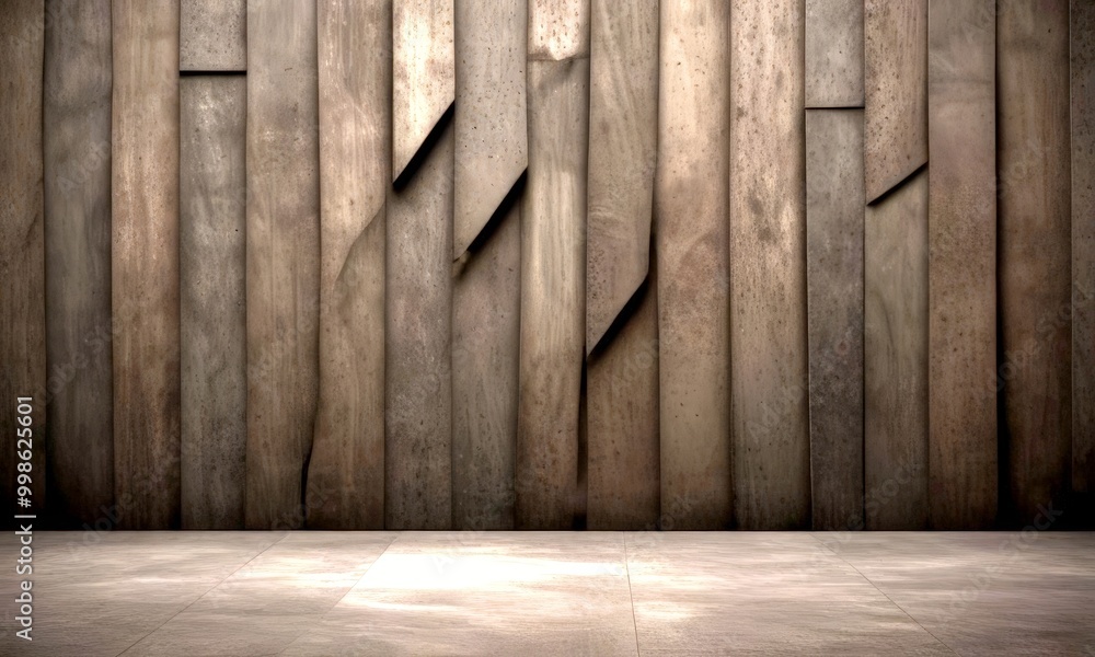 Poster a dark, textured wall with vertical wooden panels arranged in a staggered pattern, creating a sense of depth and dimension The floor in the foreground is a uniform gray