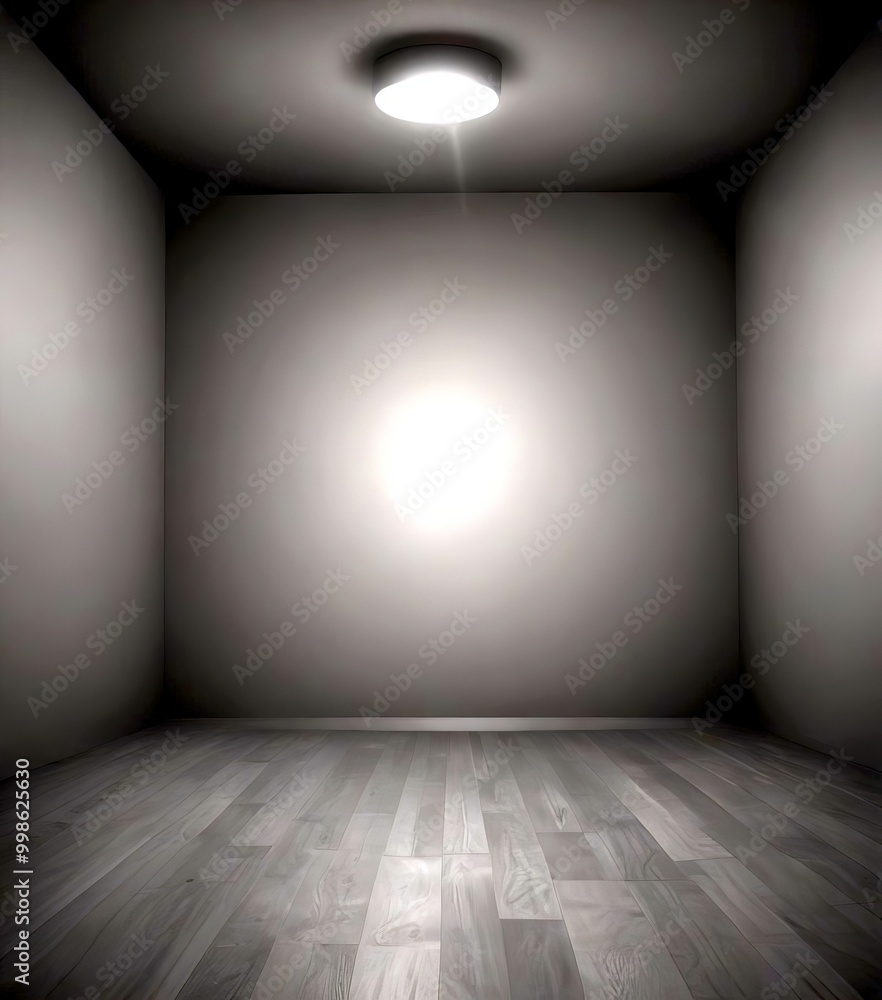 Poster a dimly lit, empty room with a single light source illuminating the center, casting a shadow on the 