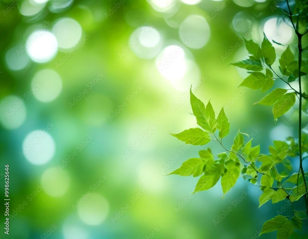 Aufkleber a close-up view branch with green leaves, set against a blurred, bokeh-filled background