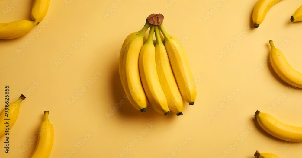Poster a bunch of ripe bananas is centered against a yellow background, surrounded by additional bananas in