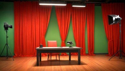 A dimly lit studio with a black desk, a red chair, and a black camera, set against a backdrop of red curtains and green walls