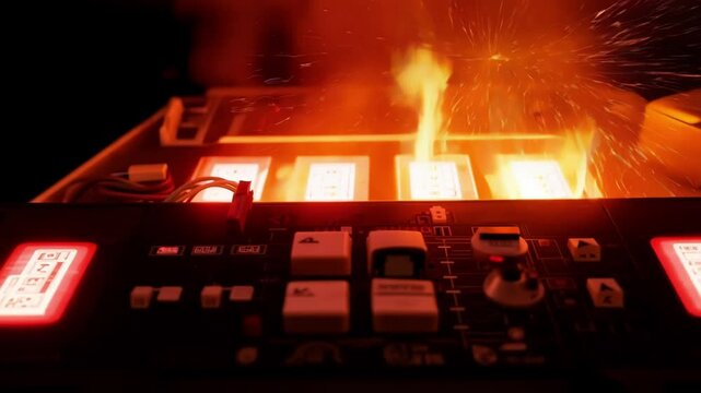 In a dimly lit room, a control panel glows with red warning lights blinking rapidly, creating tension and urgency